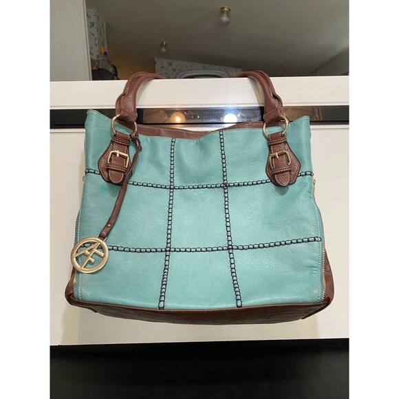 ALFA USA AF Teal and Brown Leather Patchwork Tote PreOwned - Picture 1 of 5